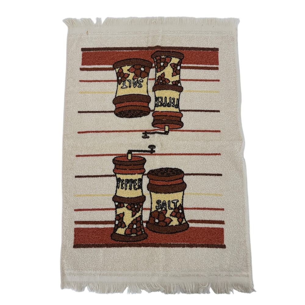 Vintage 1980s Cannon Salt and Pepper Kitchen Towel NOS Fringed Retro MCM USA